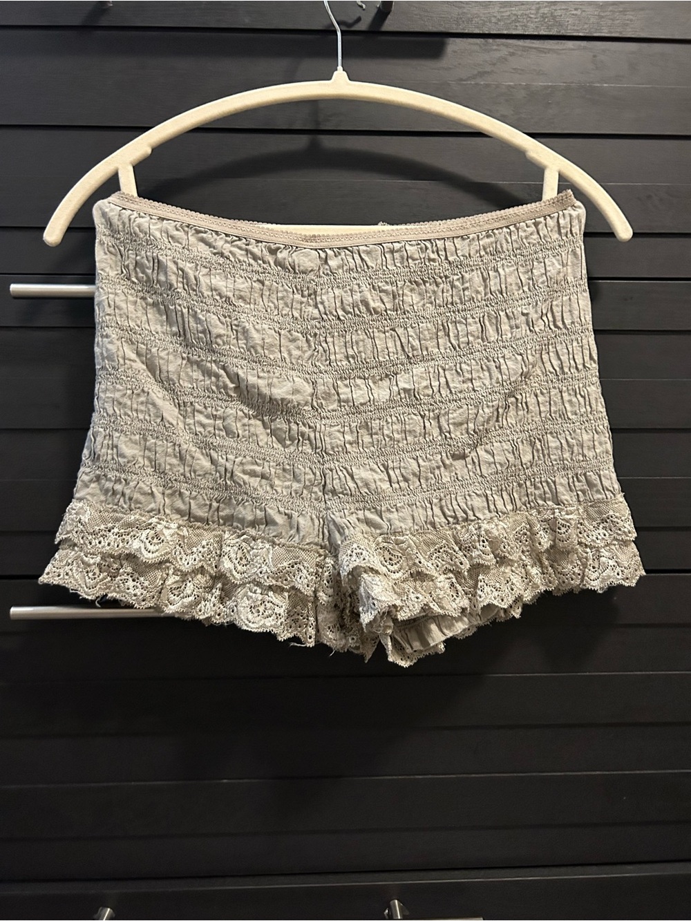 Free People Smocked Lace Trim Shorts in Light Beige